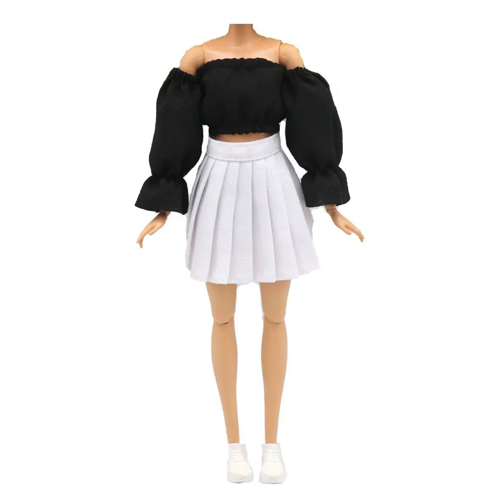 30CM Doll Clothes Fashion Puff Sleeve Tops Short T-shirt Plaid Pleated Skirt For 1/6 Bjd Dolls Accessories Dress Up Doll Gift