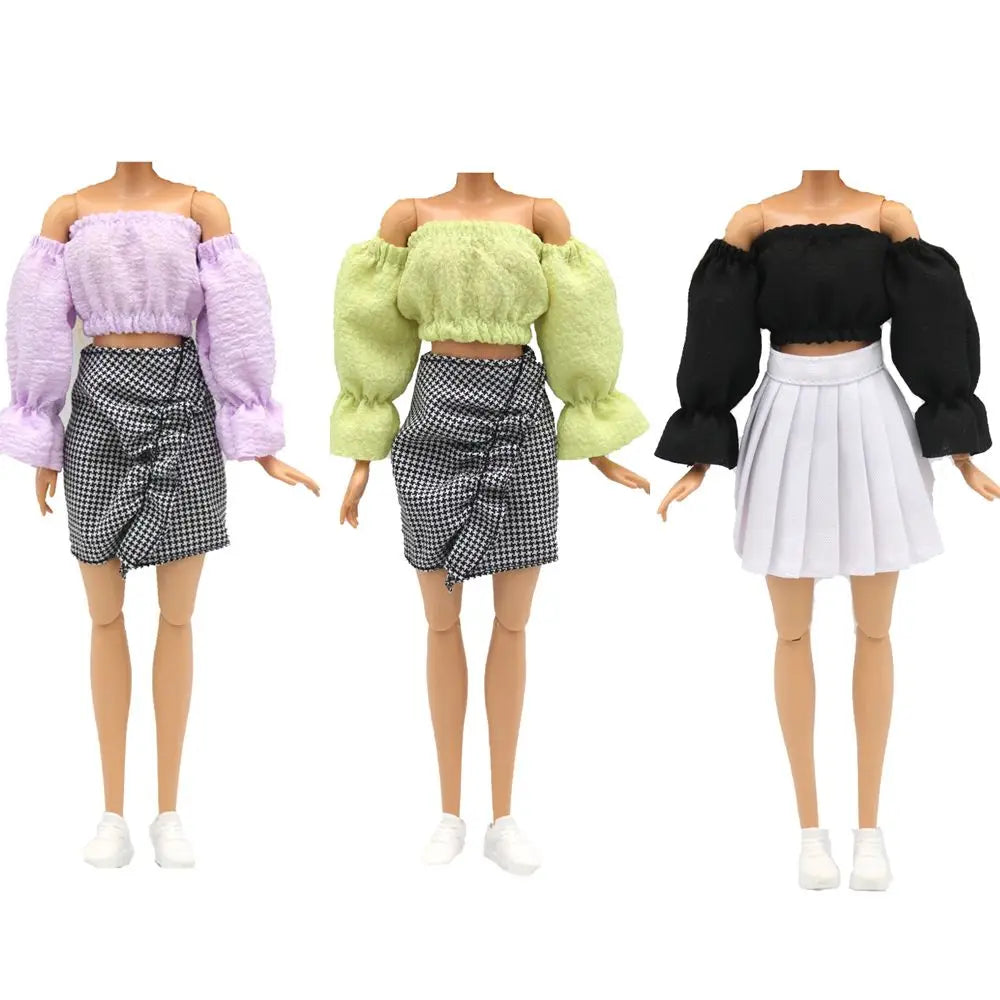 30CM Doll Clothes Fashion Puff Sleeve Tops Short T-shirt Plaid Pleated Skirt For 1/6 Bjd Dolls Accessories Dress Up Doll Gift