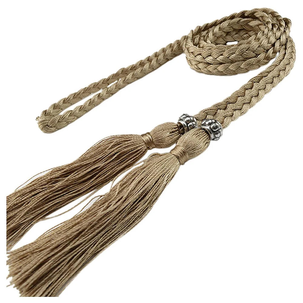 Women Waist Belt Rope Chinese Style Braided Woven Tassel Thin Belt Female Knot Decorated Waistband Hot Casual Solid Black Belts