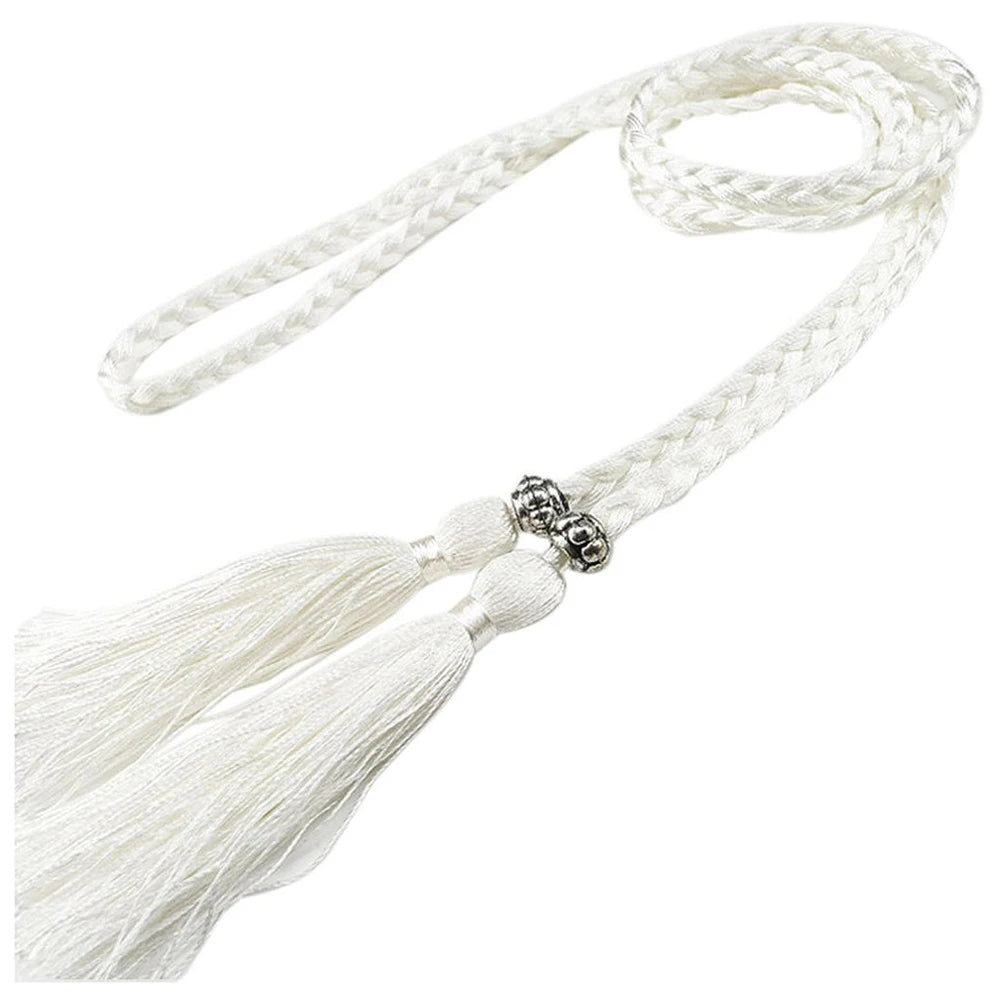 Women Waist Belt Rope Chinese Style Braided Woven Tassel Thin Belt Female Knot Decorated Waistband Hot Casual Solid Black Belts