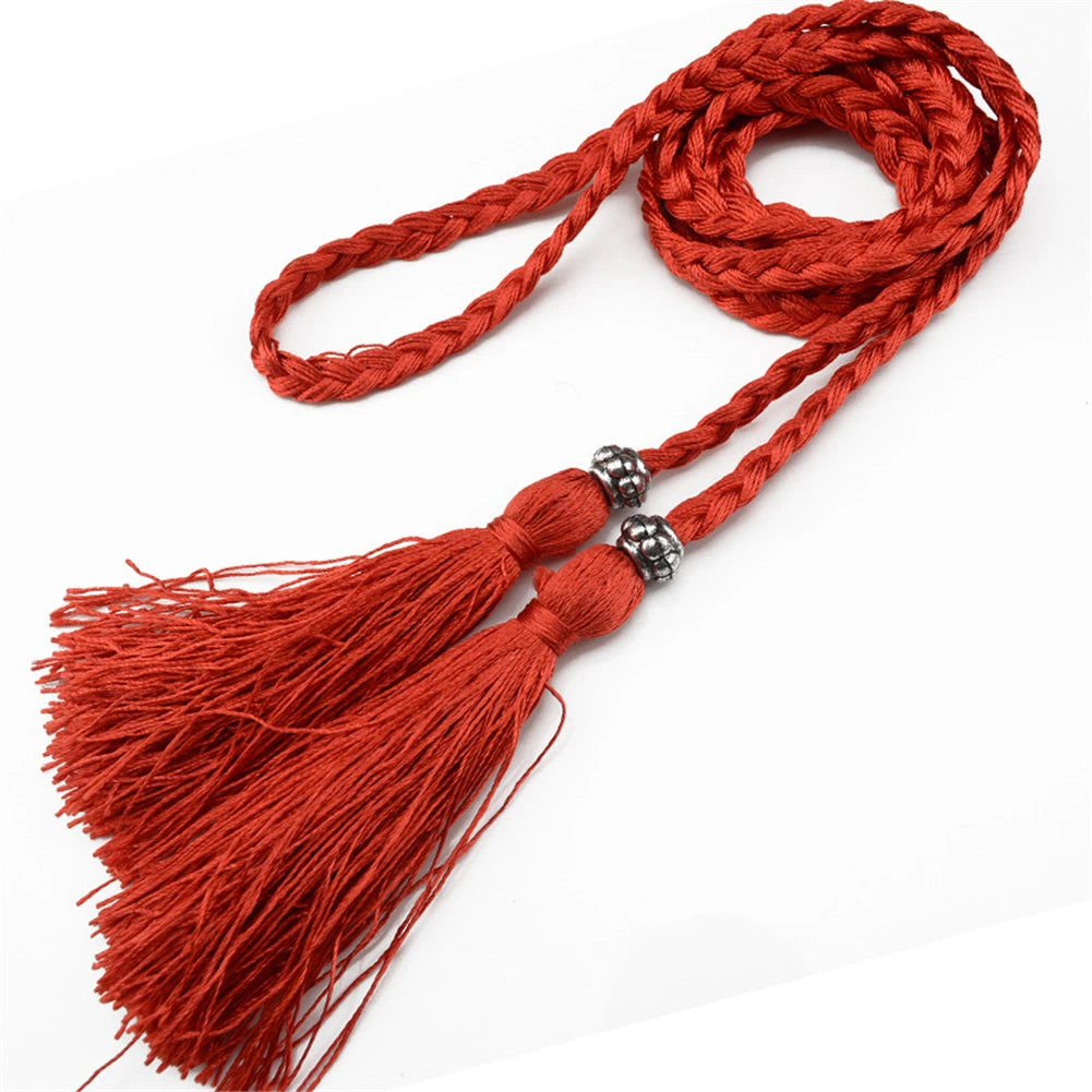 Women Waist Belt Rope Chinese Style Braided Woven Tassel Thin Belt Female Knot Decorated Waistband Hot Casual Solid Black Belts