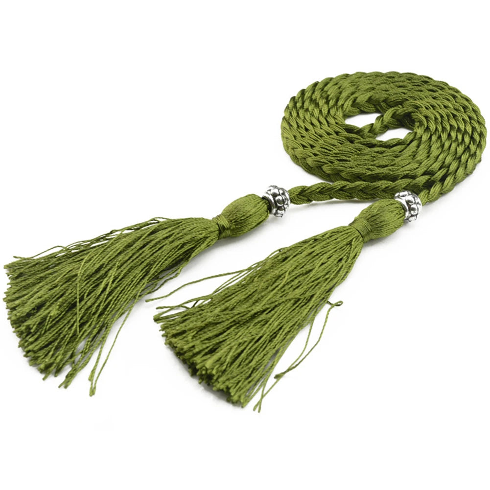 Women Waist Belt Rope Chinese Style Braided Woven Tassel Thin Belt Female Knot Decorated Waistband Hot Casual Solid Black Belts
