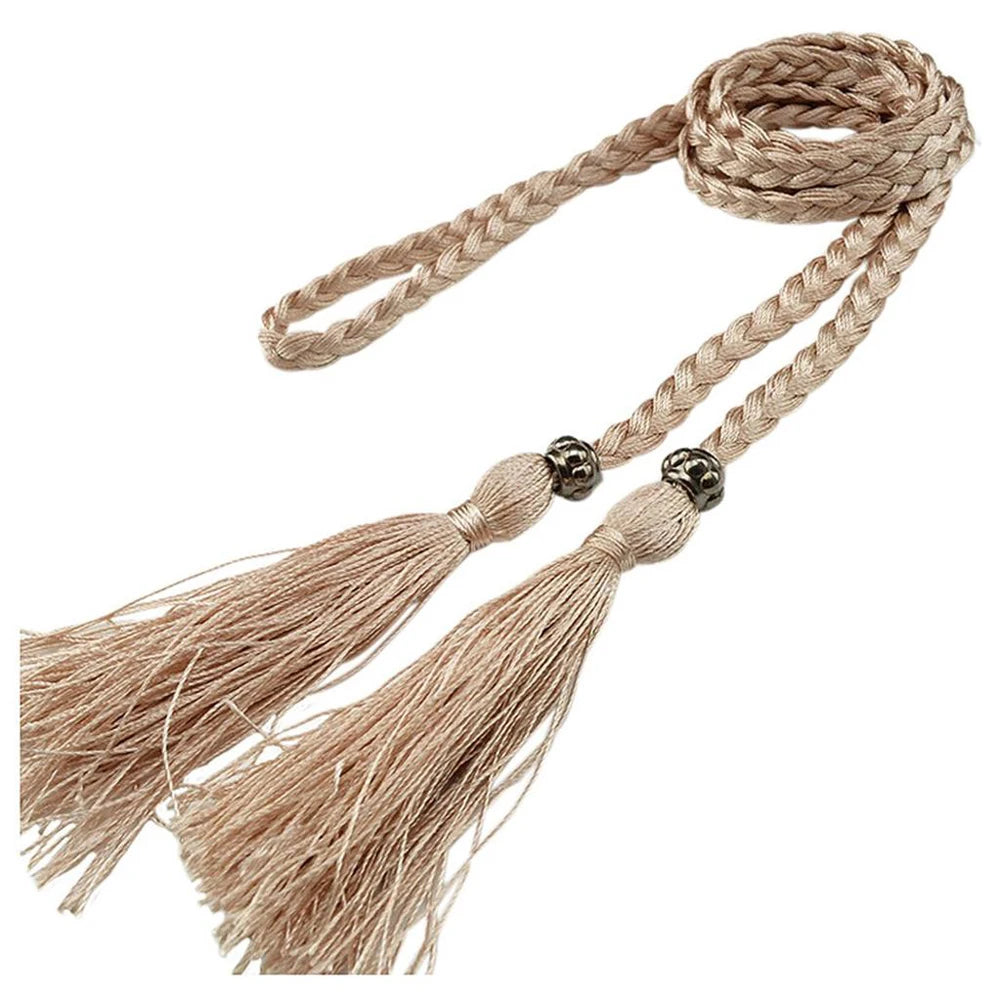 Women Waist Belt Rope Chinese Style Braided Woven Tassel Thin Belt Female Knot Decorated Waistband Hot Casual Solid Black Belts