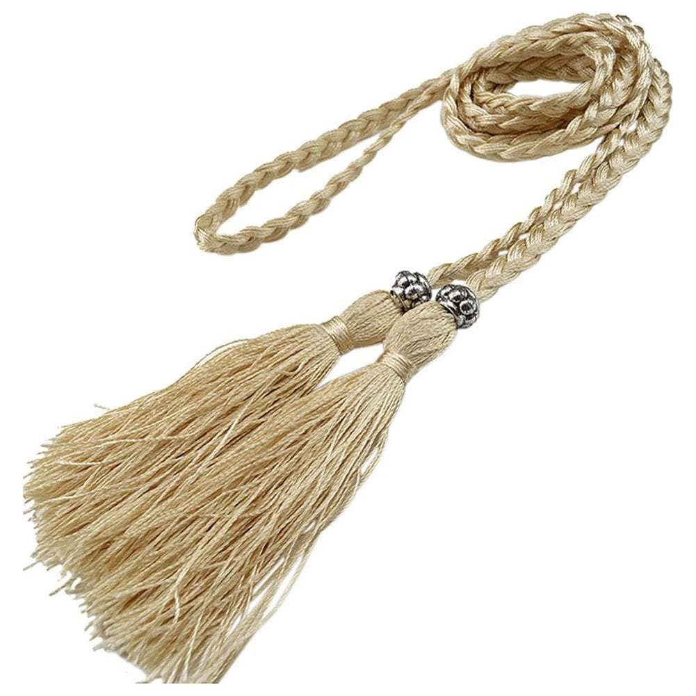Women Waist Belt Rope Chinese Style Braided Woven Tassel Thin Belt Female Knot Decorated Waistband Hot Casual Solid Black Belts