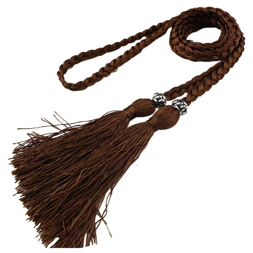 Women Waist Belt Rope Chinese Style Braided Woven Tassel Thin Belt Female Knot Decorated Waistband Hot Casual Solid Black Belts