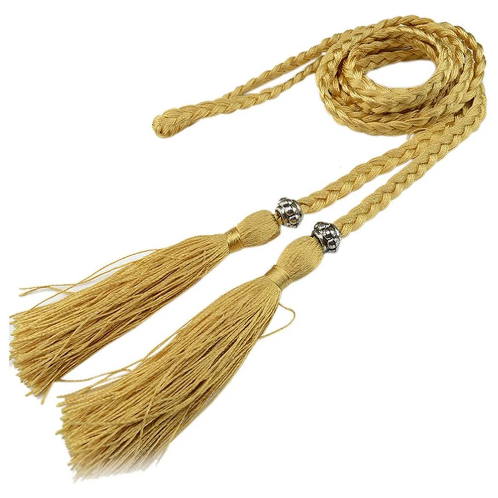 Women Waist Belt Rope Chinese Style Braided Woven Tassel Thin Belt Female Knot Decorated Waistband Hot Casual Solid Black Belts