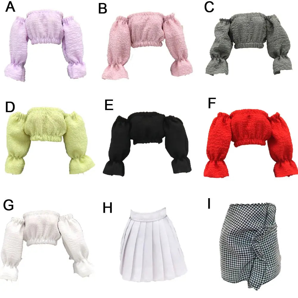 30CM Doll Clothes Fashion Puff Sleeve Tops Short T-shirt Plaid Pleated Skirt For 1/6 Bjd Dolls Accessories Dress Up Doll Gift