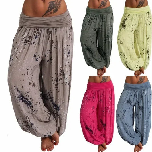 Autumn Women Harem Pants Elastic Waist Pleated Casual Vintage Printing Summer Wide Leg Trousers Streetwear Loose Pant Capris