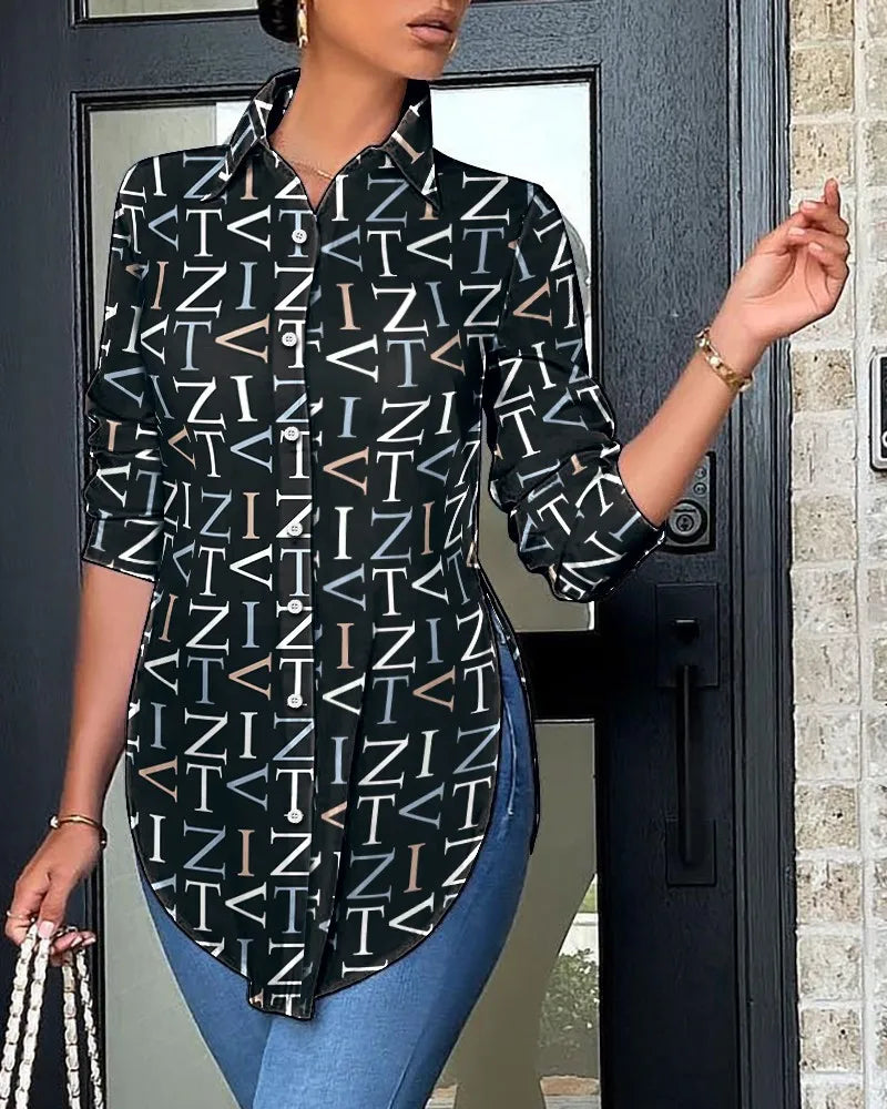 Autumn Casual Shirt Women Turn Down Collar Print Long Sleeve Shirts Loose Casual Split Blouse Button Tops Office Ladies