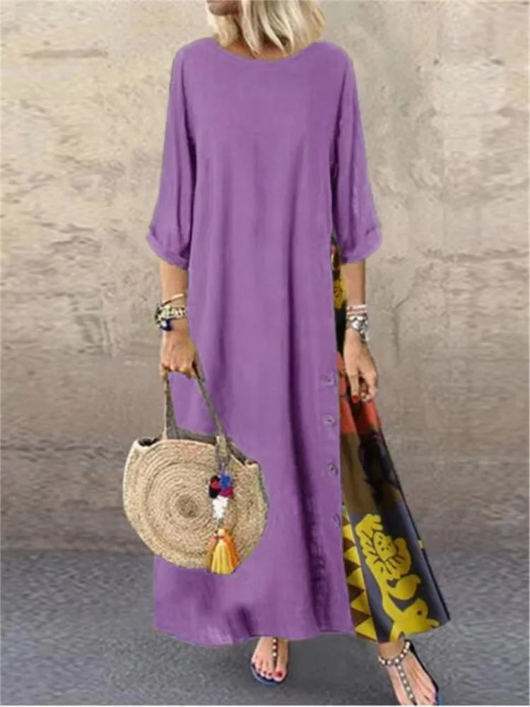 Autumn New Women's Dress Fashion Printed Round Neck Retro Style Patchwork Temperament Commuter Three-quarter Sleeve Long Dress