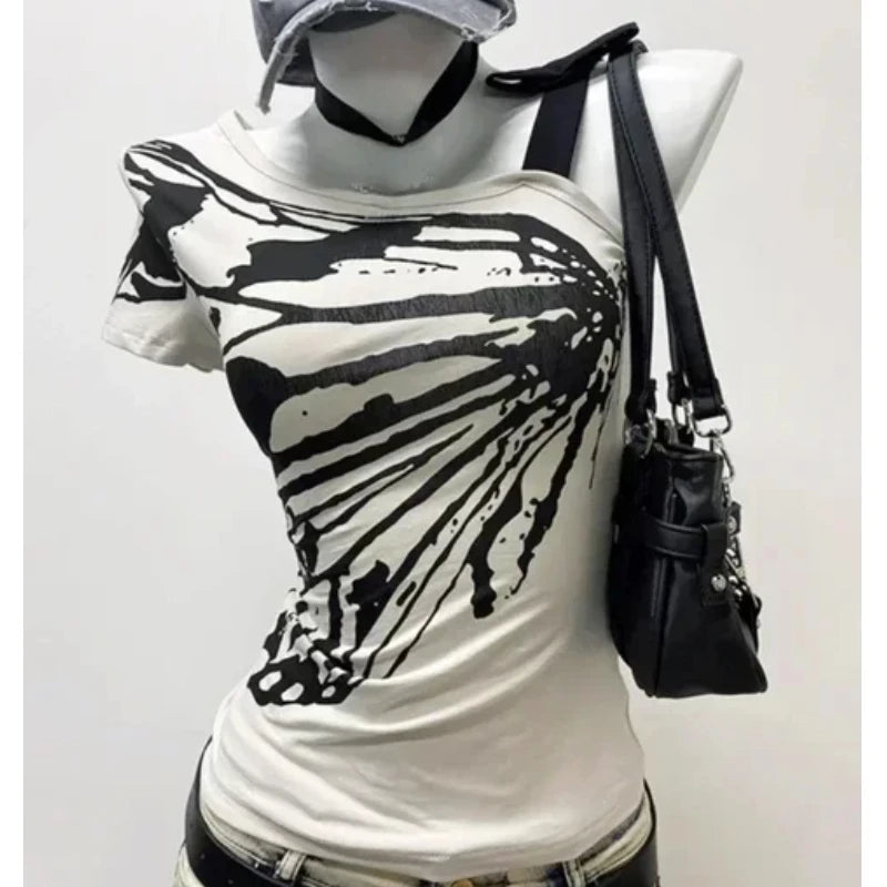 2024 Summer Sexy One Shoulder Design Y2k Vintage T-Shirts Women Streetwear 2000s Casual Print Tees Korean Fashion Punk Crop Tops