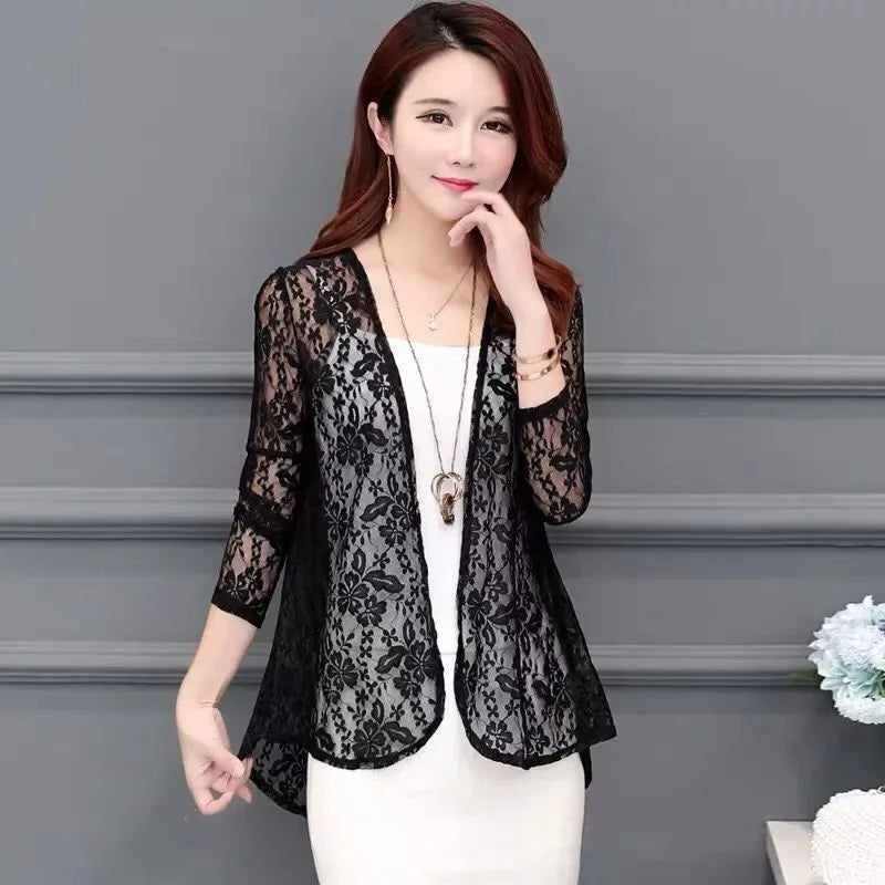 new Summer women's Cardigan long sleeved lace sun protection suit mid length shawl air-conditioned jacket thin outerwear shirts