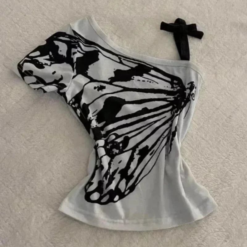 2024 Summer Sexy One Shoulder Design Y2k Vintage T-Shirts Women Streetwear 2000s Casual Print Tees Korean Fashion Punk Crop Tops