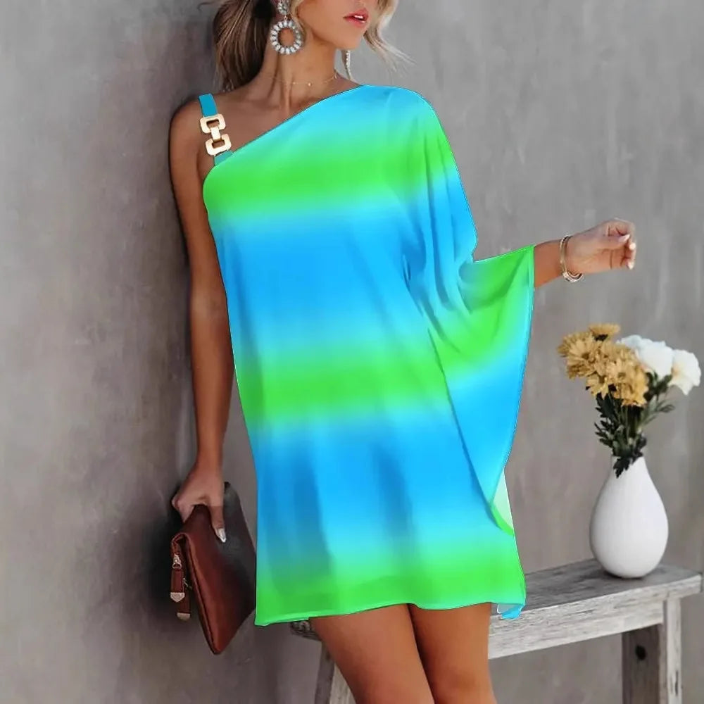 Women Print Dress Off Shoulder Mini Dresses Chain Strap Batwing Sleeve Irregular Above Knee Vestidos 2025 Summer Office Lady