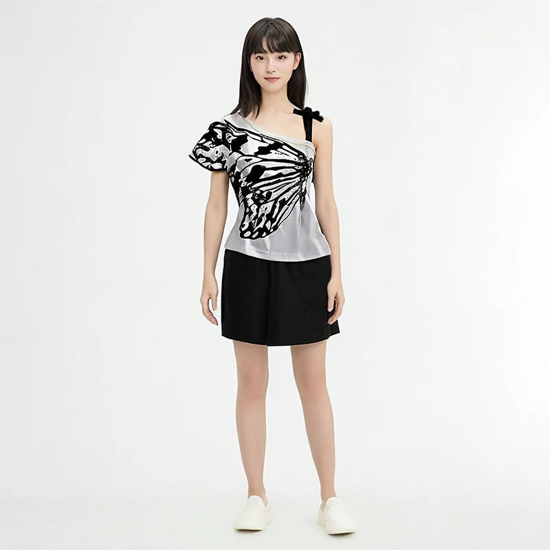 2024 Summer Sexy One Shoulder Design Y2k Vintage T-Shirts Women Streetwear 2000s Casual Print Tees Korean Fashion Punk Crop Tops