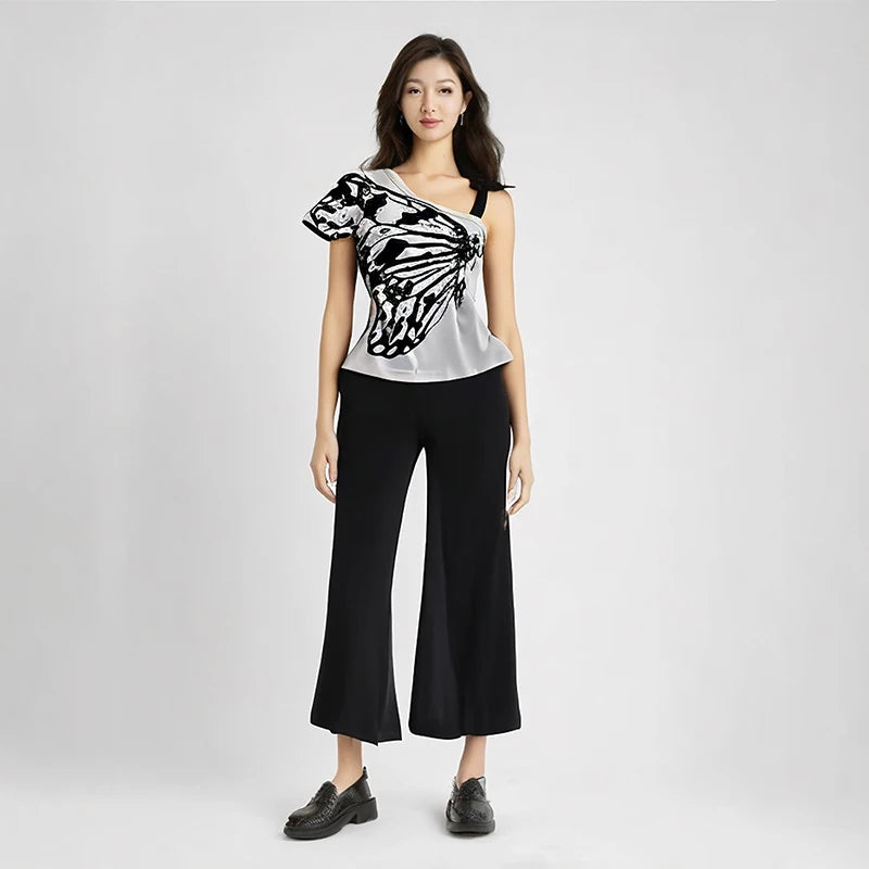 2024 Summer Sexy One Shoulder Design Y2k Vintage T-Shirts Women Streetwear 2000s Casual Print Tees Korean Fashion Punk Crop Tops