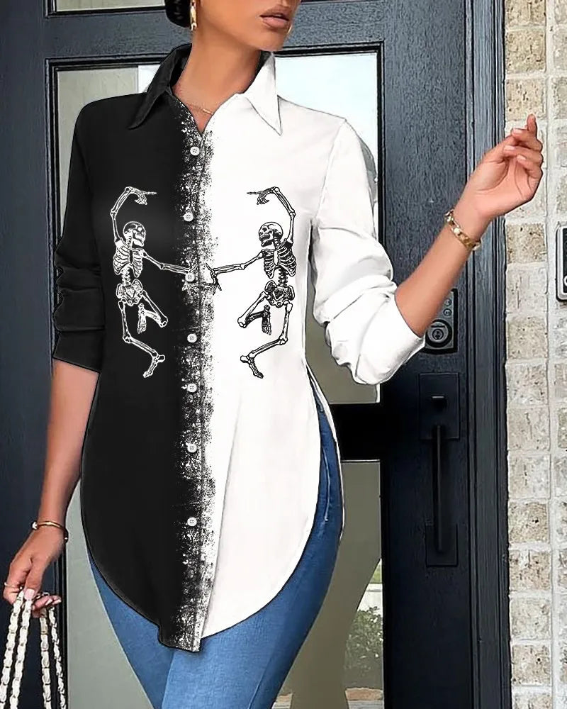 Autumn Casual Shirt Women Turn Down Collar Print Long Sleeve Shirts Loose Casual Split Blouse Button Tops Office Ladies