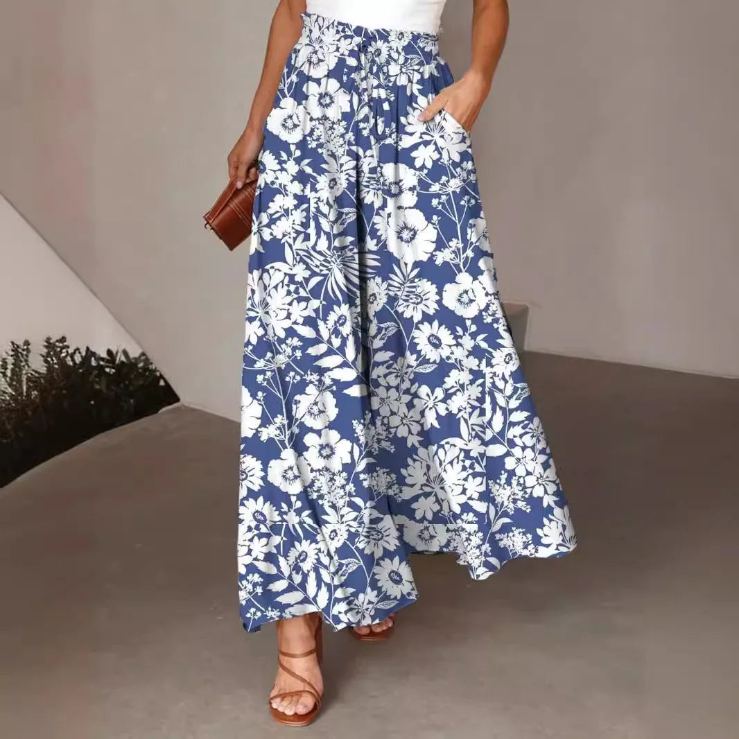 Pant Women Wide Leg Long Pants Print Floral Elastic Waist Straight Trousers Y2k Streetwear Elegant Maxi Capris Loose Summer