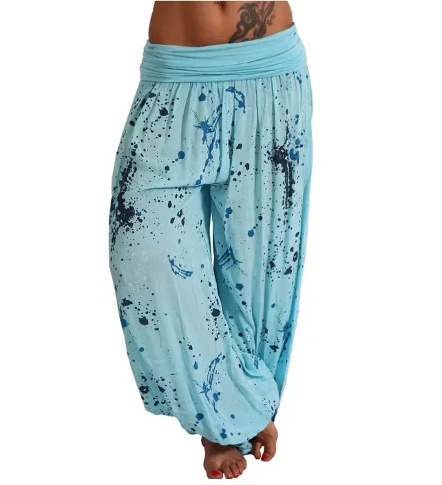 Autumn Women Harem Pants Elastic Waist Pleated Casual Vintage Printing Summer Wide Leg Trousers Streetwear Loose Pant Capris