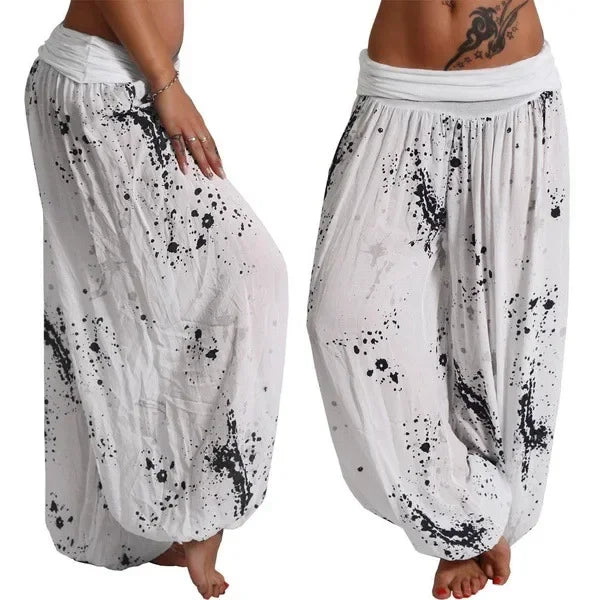 Autumn Women Harem Pants Elastic Waist Pleated Casual Vintage Printing Summer Wide Leg Trousers Streetwear Loose Pant Capris