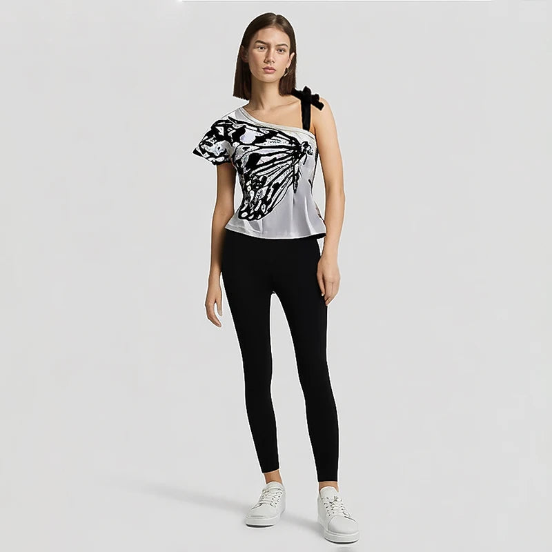 2024 Summer Sexy One Shoulder Design Y2k Vintage T-Shirts Women Streetwear 2000s Casual Print Tees Korean Fashion Punk Crop Tops