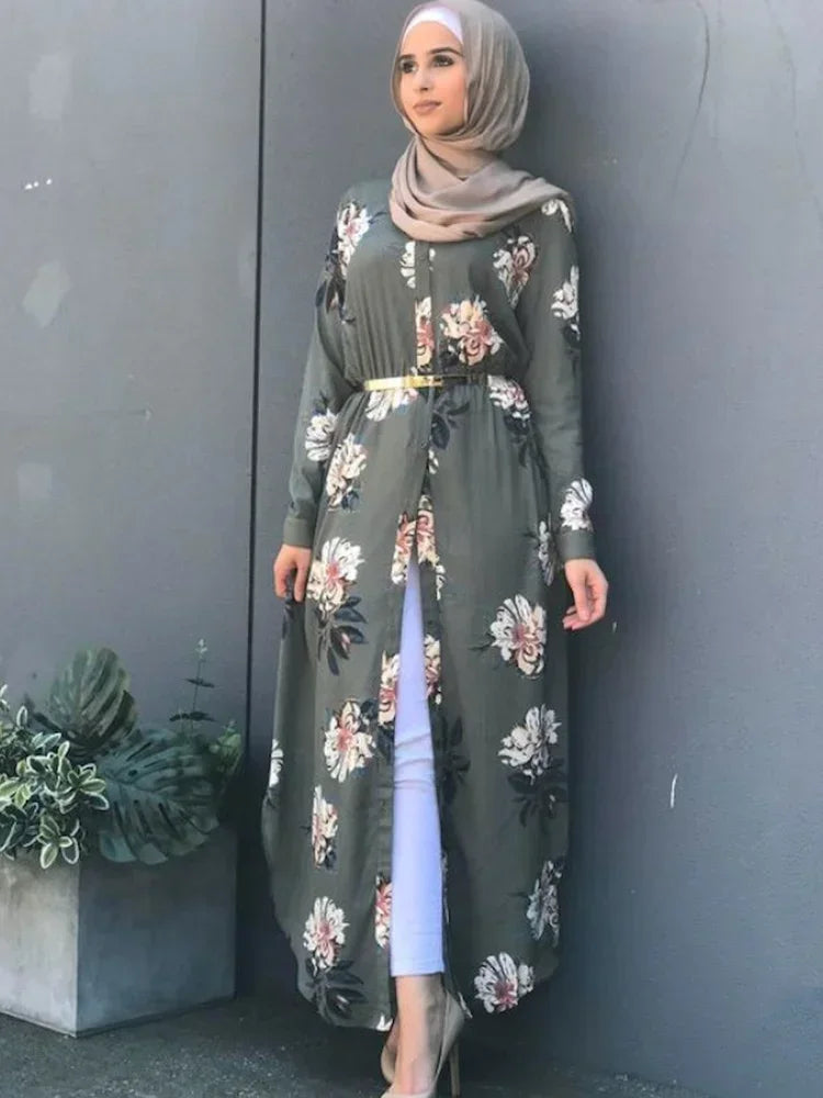 Dubai Eid Muslim Abaya Dress Women New Robes Print Floral Slim Long Sleeve Islamic Eid Casual Long Dress Long Dresses Ramadan