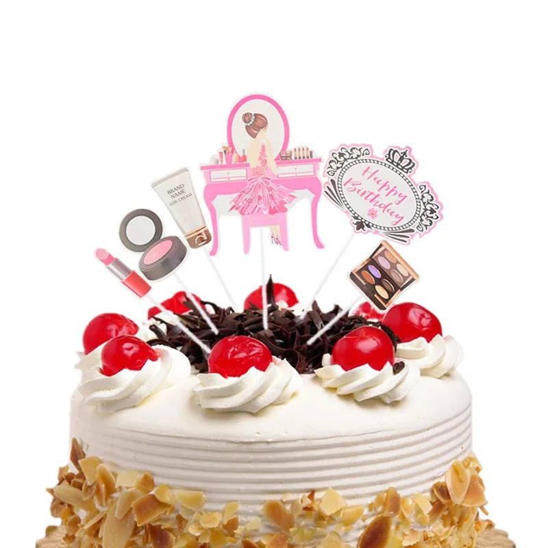 Cake Toppers Perfume Lipstick Makeup brush DIY Cupcake Topper Women Cake Flags Kids Girl Happy Birthday Bride Party Baking Decor