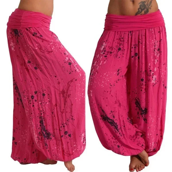 Autumn Women Harem Pants Elastic Waist Pleated Casual Vintage Printing Summer Wide Leg Trousers Streetwear Loose Pant Capris