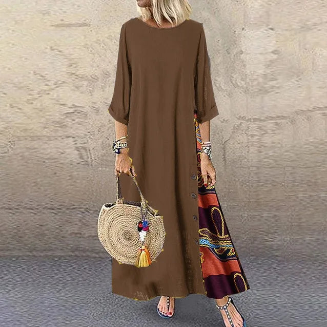 Autumn New Women's Dress Fashion Printed Round Neck Retro Style Patchwork Temperament Commuter Three-quarter Sleeve Long Dress