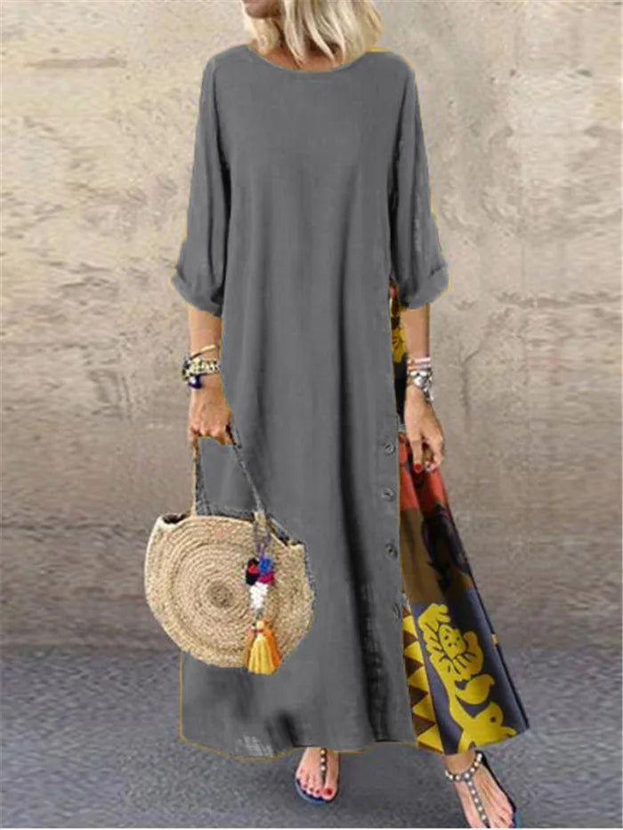 Autumn New Women's Dress Fashion Printed Round Neck Retro Style Patchwork Temperament Commuter Three-quarter Sleeve Long Dress