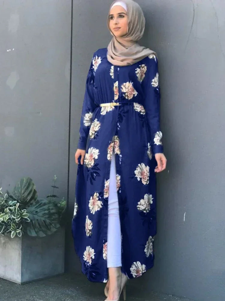 Dubai Eid Muslim Abaya Dress Women New Robes Print Floral Slim Long Sleeve Islamic Eid Casual Long Dress Long Dresses Ramadan