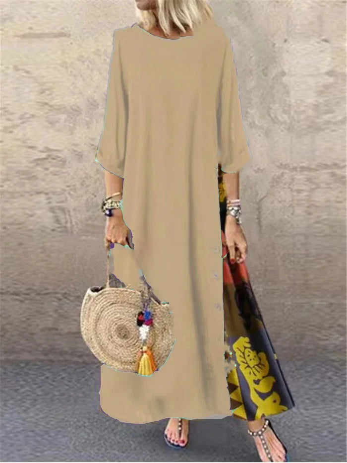 Autumn New Women's Dress Fashion Printed Round Neck Retro Style Patchwork Temperament Commuter Three-quarter Sleeve Long Dress