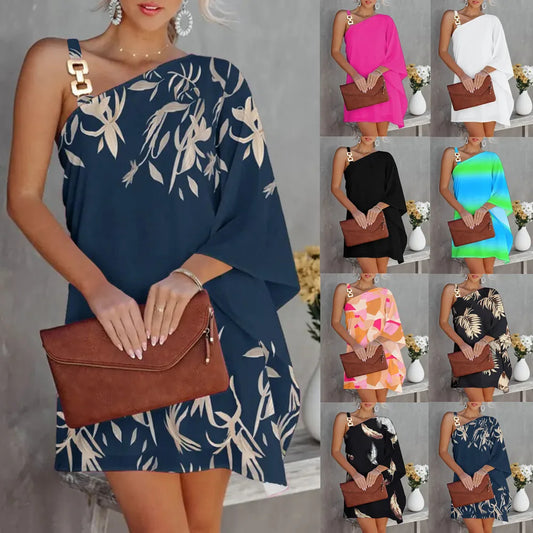 Women Print Dress Off Shoulder Mini Dresses Chain Strap Batwing Sleeve Irregular Above Knee Vestidos 2025 Summer Office Lady