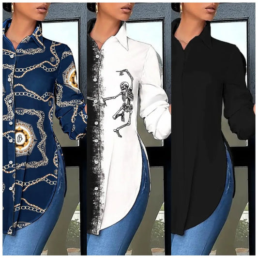 Autumn Casual Shirt Women Turn Down Collar Print Long Sleeve Shirts Loose Casual Split Blouse Button Tops Office Ladies