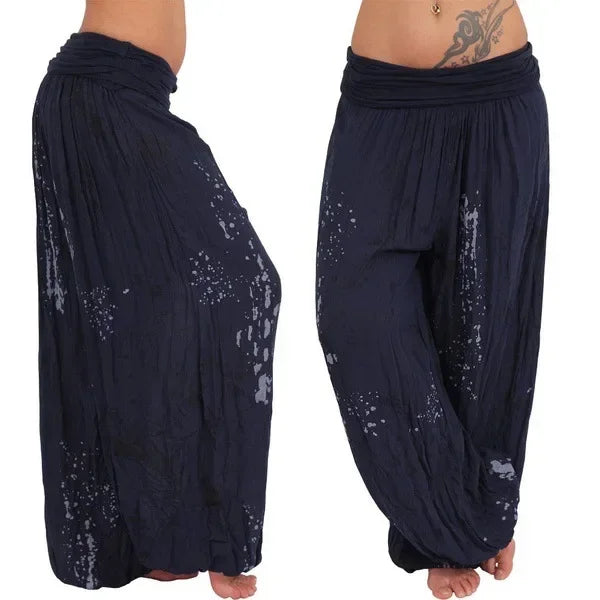 Autumn Women Harem Pants Elastic Waist Pleated Casual Vintage Printing Summer Wide Leg Trousers Streetwear Loose Pant Capris