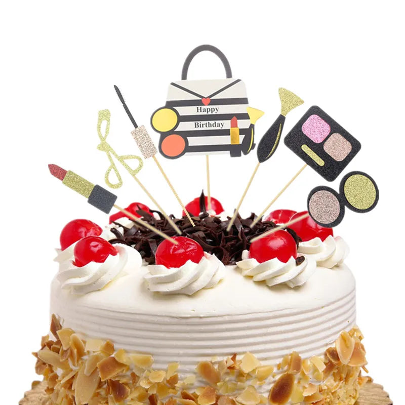 Cake Toppers Perfume Lipstick Makeup brush DIY Cupcake Topper Women Cake Flags Kids Girl Happy Birthday Bride Party Baking Decor