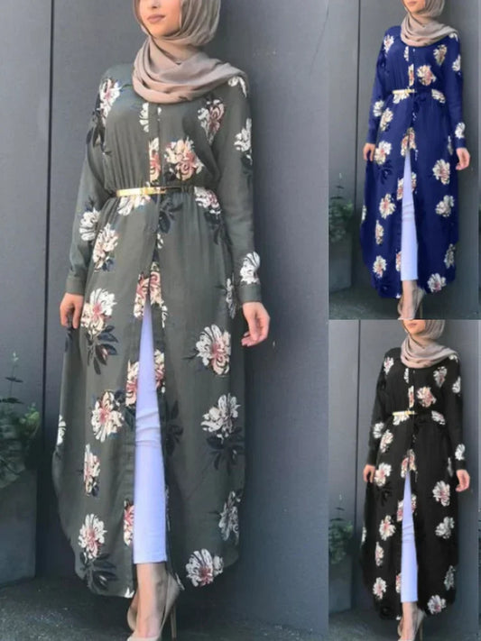Dubai Eid Muslim Abaya Dress Women New Robes Print Floral Slim Long Sleeve Islamic Eid Casual Long Dress Long Dresses Ramadan
