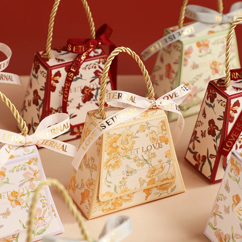 S/L Wedding Candy Box Bow Ribbon Printing Chocolate Cookie Party Supplies Gift Bag Kraft Paper Gift Packaging Box with Handle