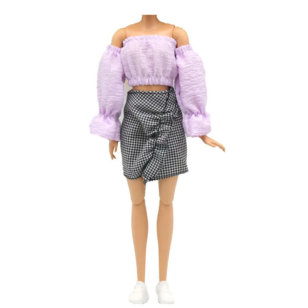 30CM Doll Clothes Fashion Puff Sleeve Tops Short T-shirt Plaid Pleated Skirt For 1/6 Bjd Dolls Accessories Dress Up Doll Gift