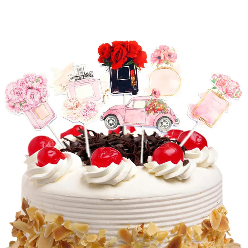 Cake Toppers Perfume Lipstick Makeup brush DIY Cupcake Topper Women Cake Flags Kids Girl Happy Birthday Bride Party Baking Decor