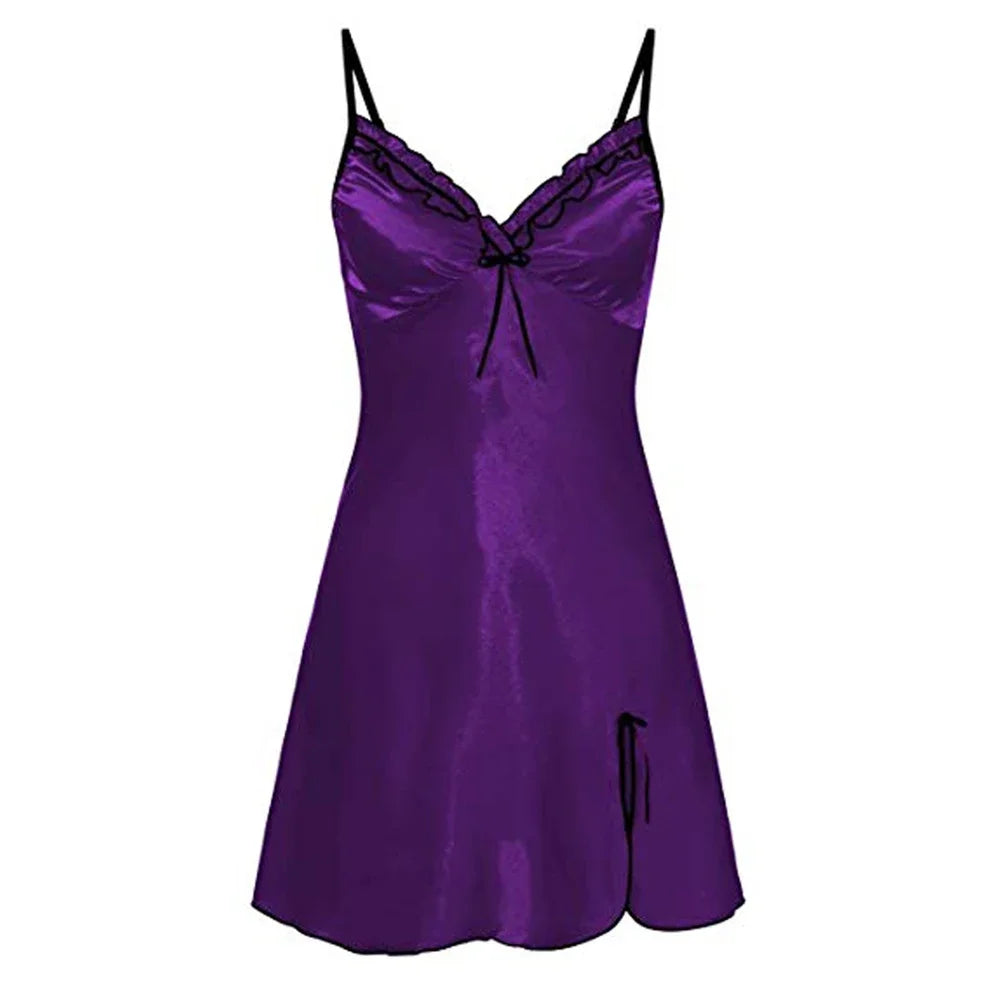 Women Night Dress Satin Soft Dress Smooth Silk Lingerie Sexy Adult A-Line Solid Nightgowns Breath Short Sleepwear Seduction Wear