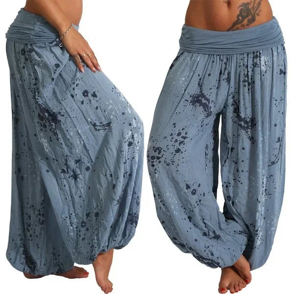 Autumn Women Harem Pants Elastic Waist Pleated Casual Vintage Printing Summer Wide Leg Trousers Streetwear Loose Pant Capris