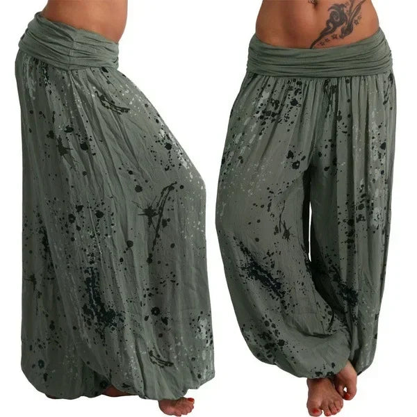 Autumn Women Harem Pants Elastic Waist Pleated Casual Vintage Printing Summer Wide Leg Trousers Streetwear Loose Pant Capris