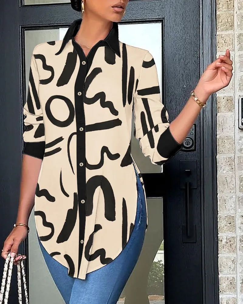 Autumn Casual Shirt Women Turn Down Collar Print Long Sleeve Shirts Loose Casual Split Blouse Button Tops Office Ladies