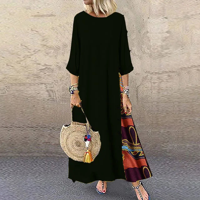 Autumn New Women's Dress Fashion Printed Round Neck Retro Style Patchwork Temperament Commuter Three-quarter Sleeve Long Dress