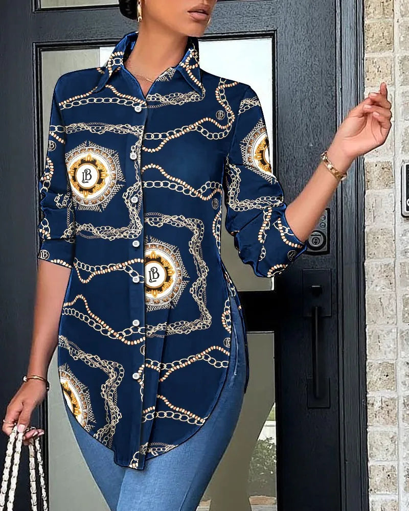 Autumn Casual Shirt Women Turn Down Collar Print Long Sleeve Shirts Loose Casual Split Blouse Button Tops Office Ladies