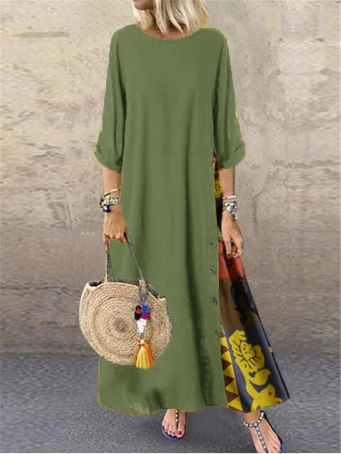 Autumn New Women's Dress Fashion Printed Round Neck Retro Style Patchwork Temperament Commuter Three-quarter Sleeve Long Dress