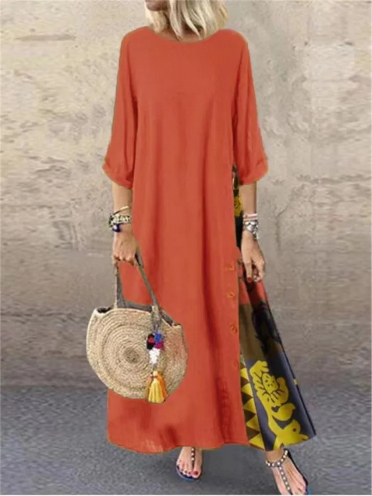 Autumn New Women's Dress Fashion Printed Round Neck Retro Style Patchwork Temperament Commuter Three-quarter Sleeve Long Dress