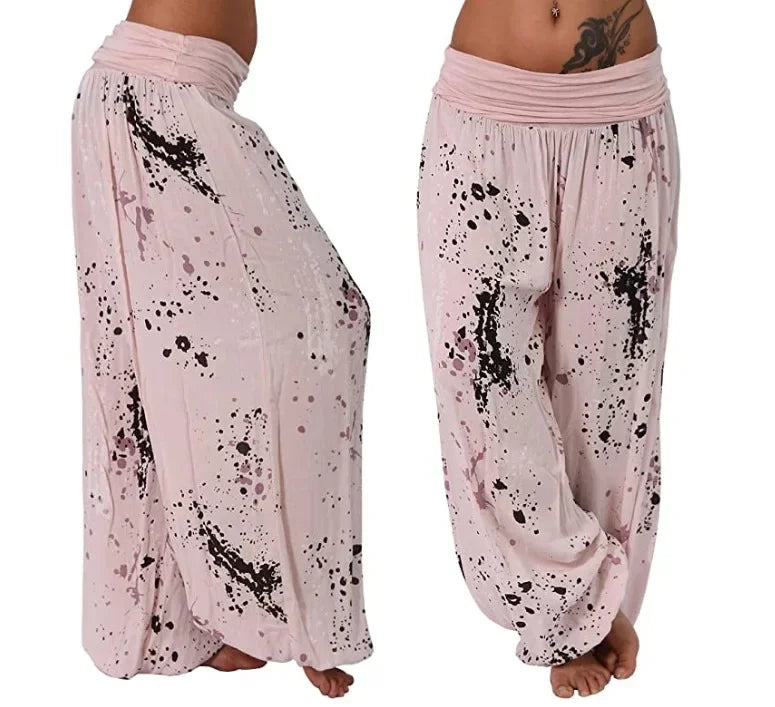 Autumn Women Harem Pants Elastic Waist Pleated Casual Vintage Printing Summer Wide Leg Trousers Streetwear Loose Pant Capris