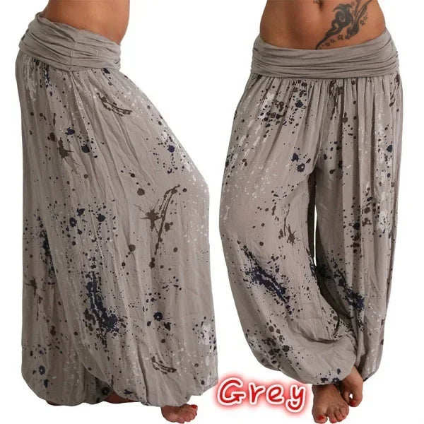 Autumn Women Harem Pants Elastic Waist Pleated Casual Vintage Printing Summer Wide Leg Trousers Streetwear Loose Pant Capris